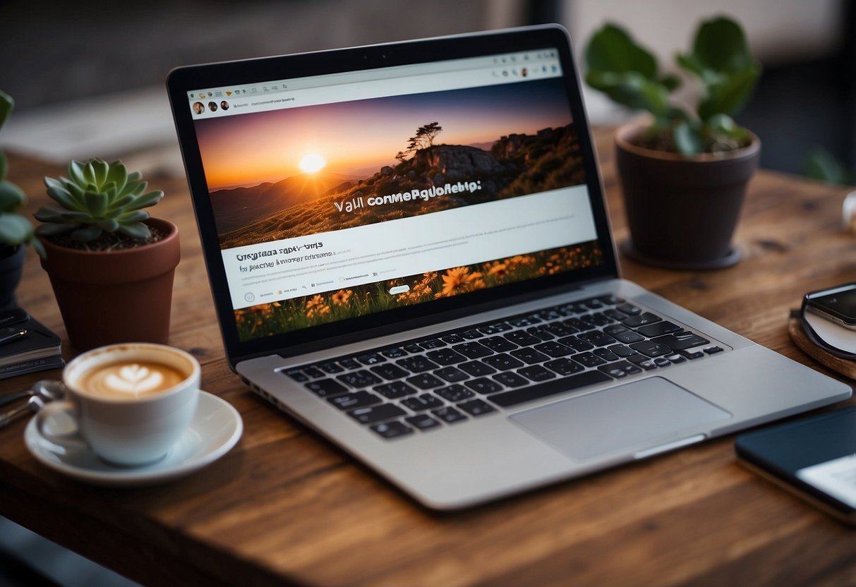 A laptop displaying Instagram open with a message to top content creators. A hand reaching out to collaborate, surrounded by creative tools