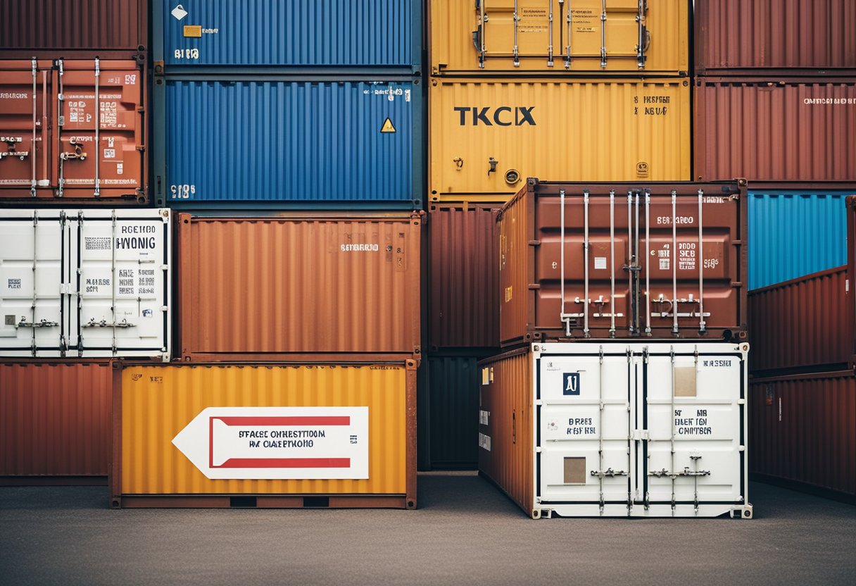 A stack of shipping containers surrounded by legal documents and warning signs