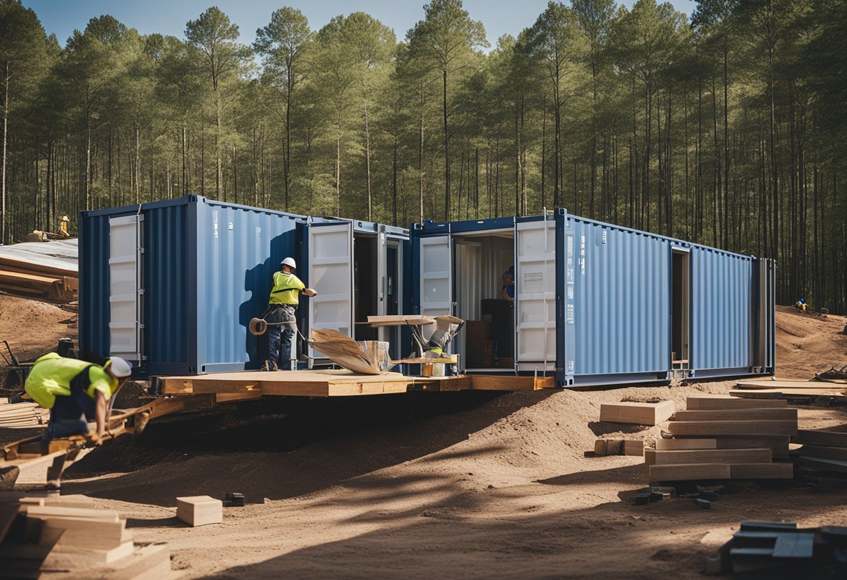 Container homes being built in North Carolina, with construction workers assembling and stacking shipping containers to create modern living spaces