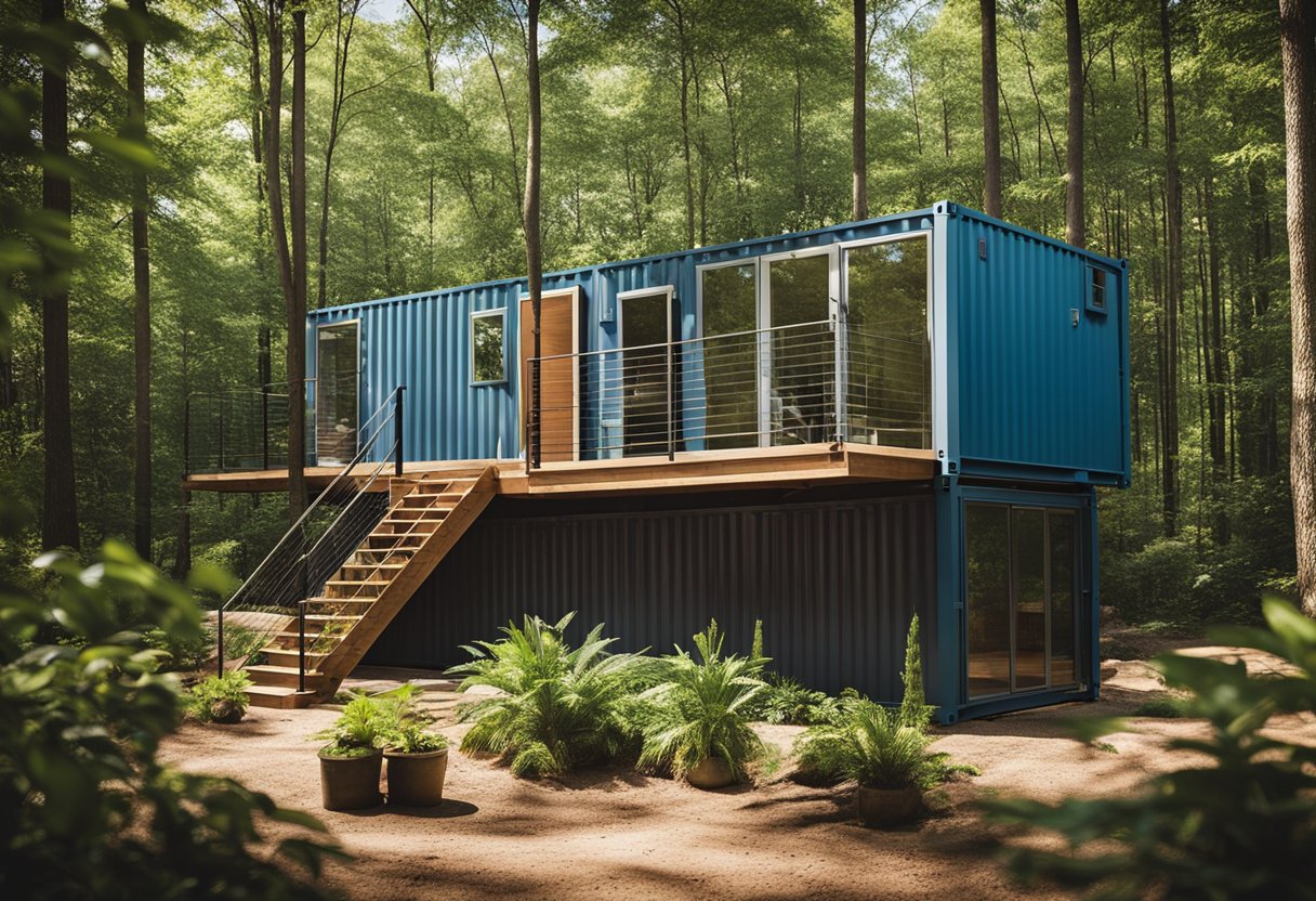 A container home being built in North Carolina, surrounded by lush greenery and under a clear blue sky