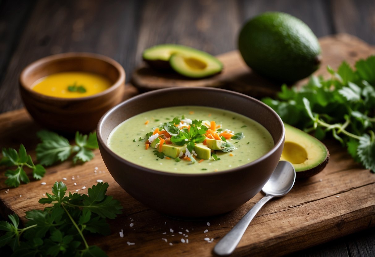 A chilled bowl of creamy avocado and coconut soup sits on a rustic wooden table, garnished with a sprinkle of fresh herbs and a drizzle of olive oil