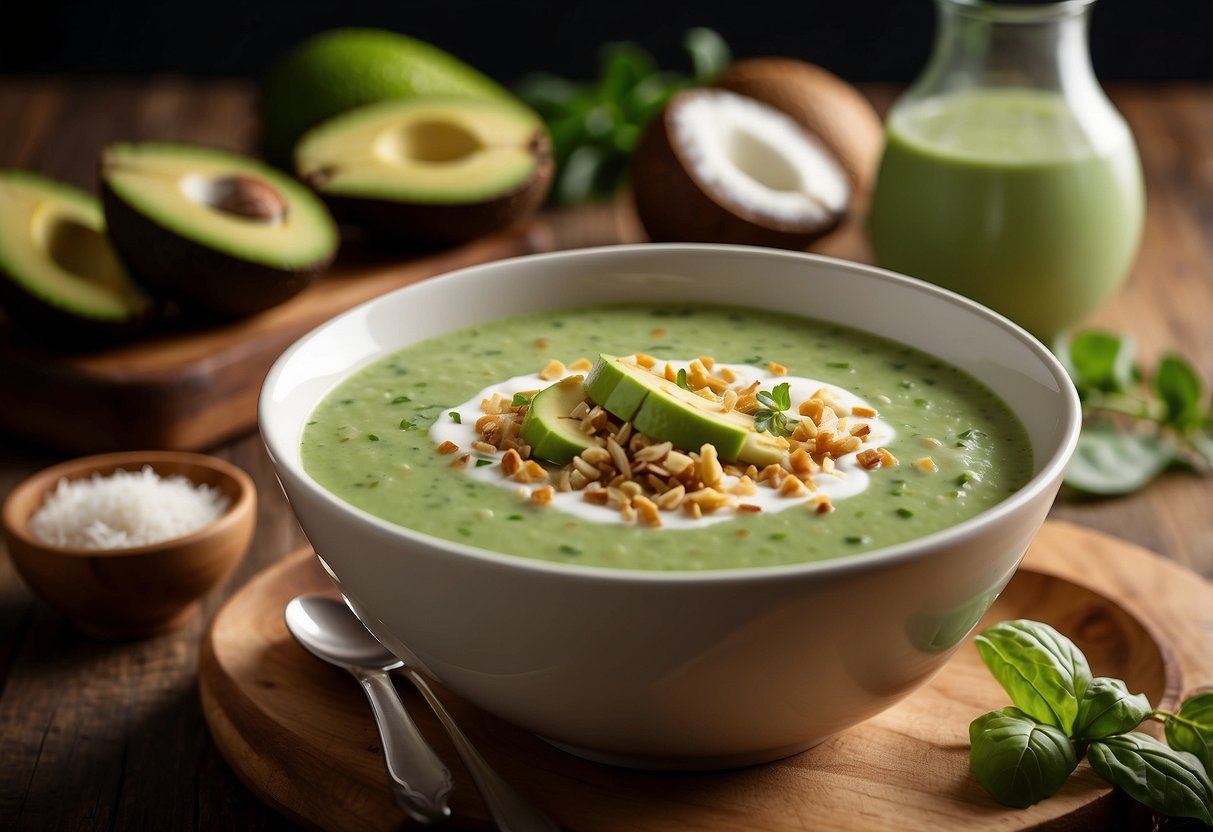 A bowl of creamy green soup sits on a wooden table, garnished with sliced avocado and a drizzle of coconut cream