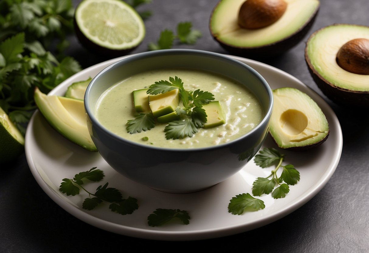 A bowl of cold avocado and coconut soup with a garnish of chopped cilantro and a slice of lime on the side