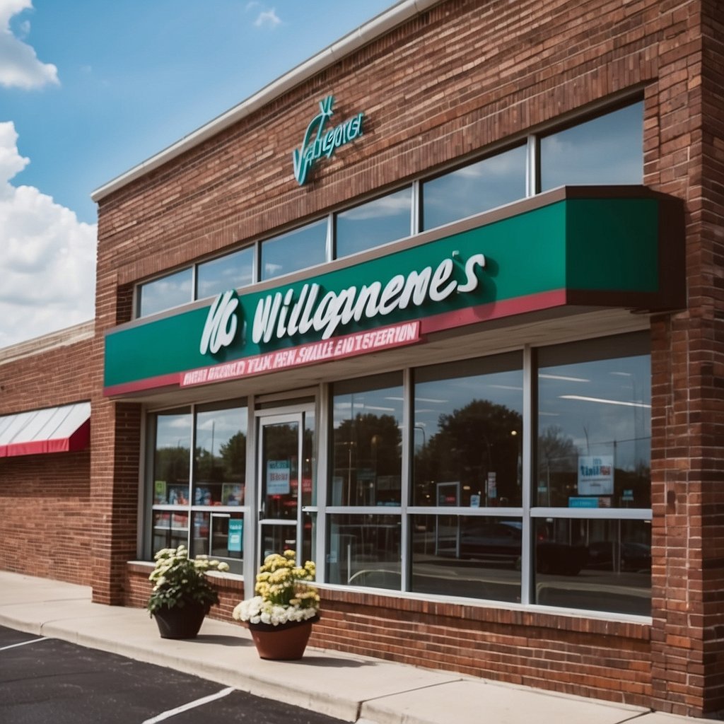 A busy Walgreens store in Tecumseh, MI with a red brick exterior, large glass windows, and a prominent green Walgreens sign