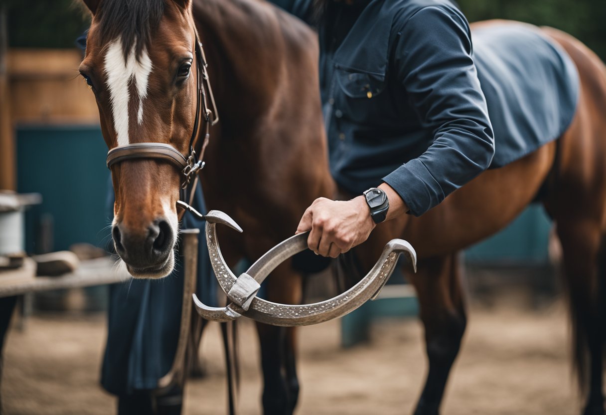 A horse standing calmly as a farrier carefully measures and adjusts the fit of a horseshoe, emphasizing the importance of proper hoof care