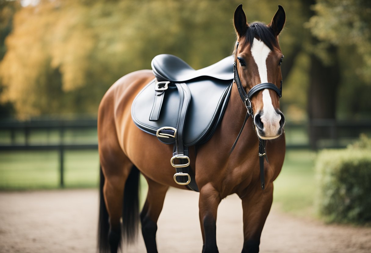 A horse with a well-fitted saddle, showing proper alignment with the horse's anatomy. Importance of correct saddle fitting emphasized