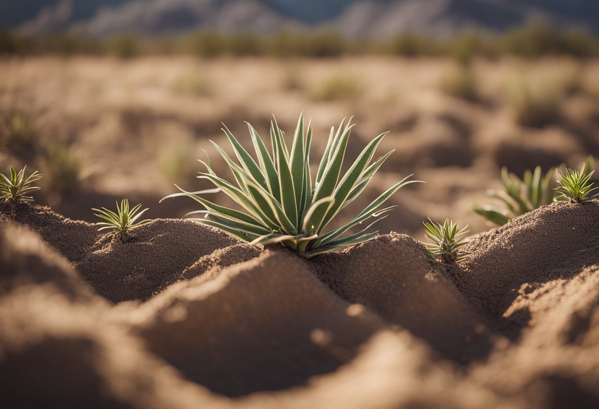 A desert plant with deep roots and thick waxy leaves thrives in harsh, dry conditions, showcasing the importance of proper adaptation