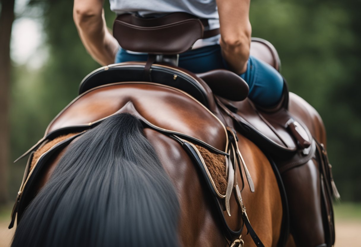 A horse's back muscles flex as a saddle is adjusted for proper fit and movement