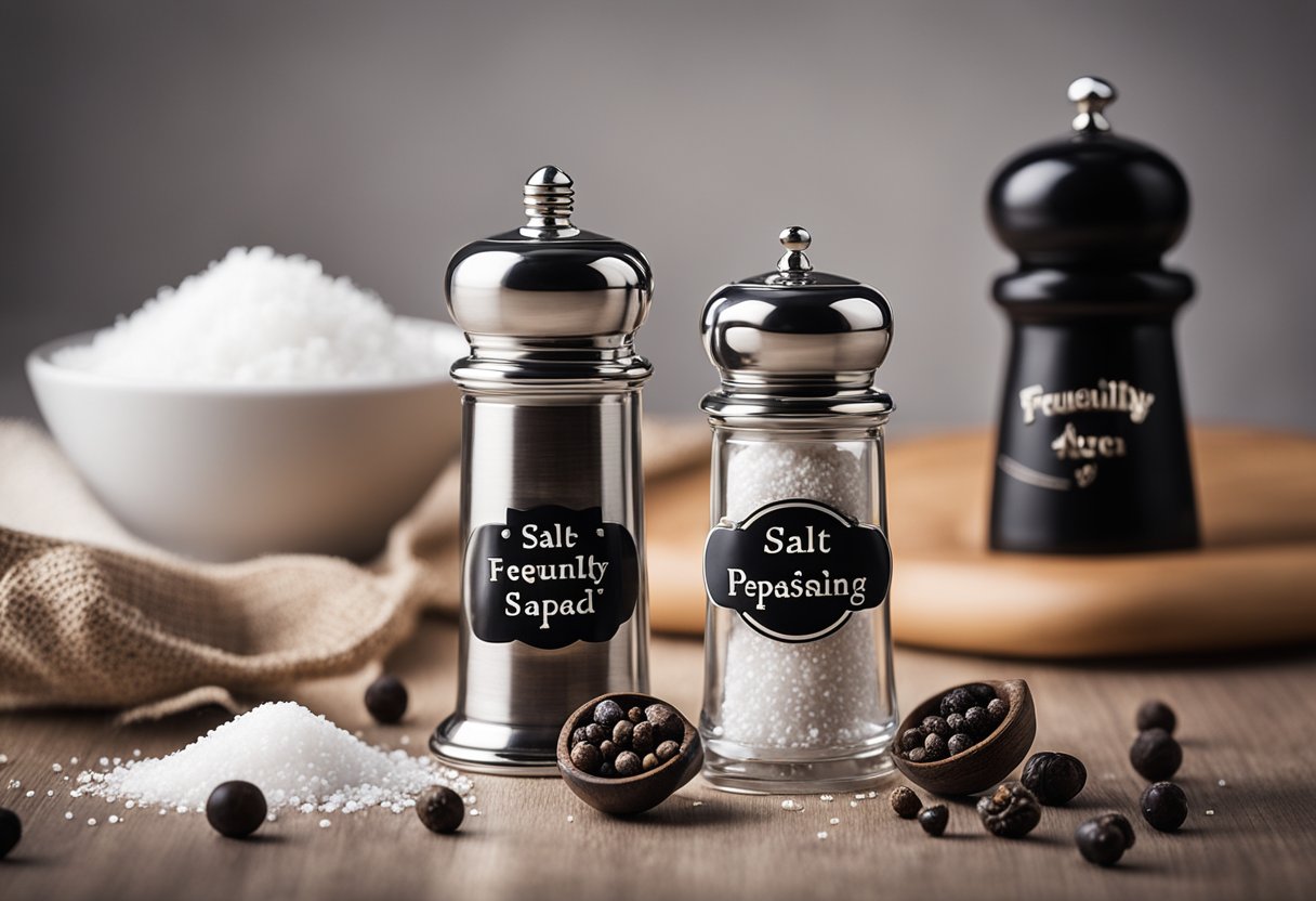 A salt shaker and a pepper grinder sit on a table, with a salt crystal and a peppercorn next to them. The words "Frequently Asked Questions Viktigheten av riktig saltilpasning" are written in bold letters
