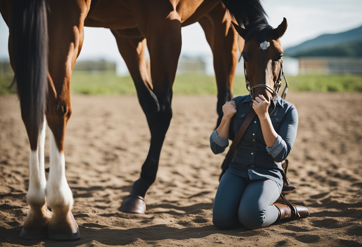 A horse standing calmly as a person measures its back and withers for saddle fitting