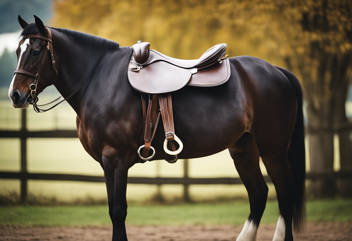 A horse standing still with a saddle placed on its back, showing the proper fit and alignment for a perfect saddle fitting