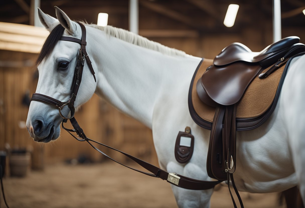 A horse stands calmly as a saddle fitter measures its back for a perfect saddle fit. The fitter uses a flexible tape measure and takes detailed notes