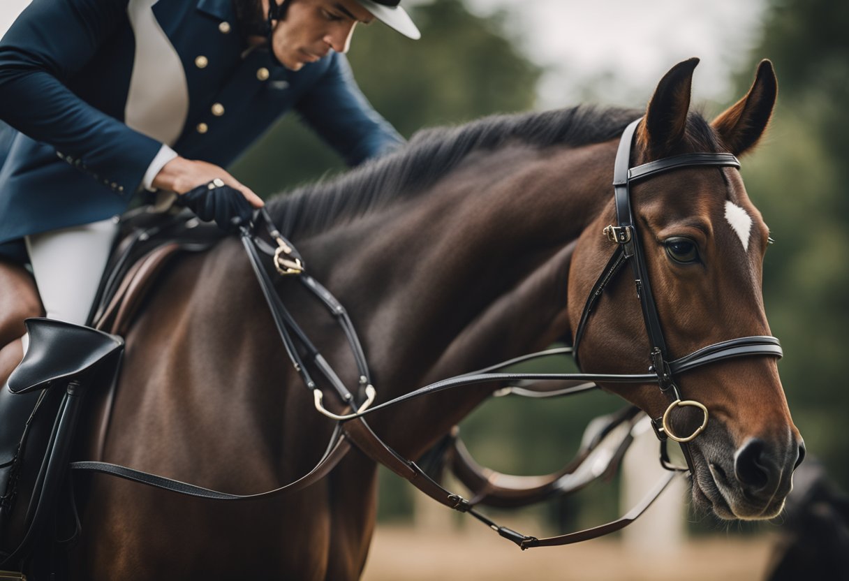 A rider adjusting a saddle on a horse's back, ensuring proper fit and comfort