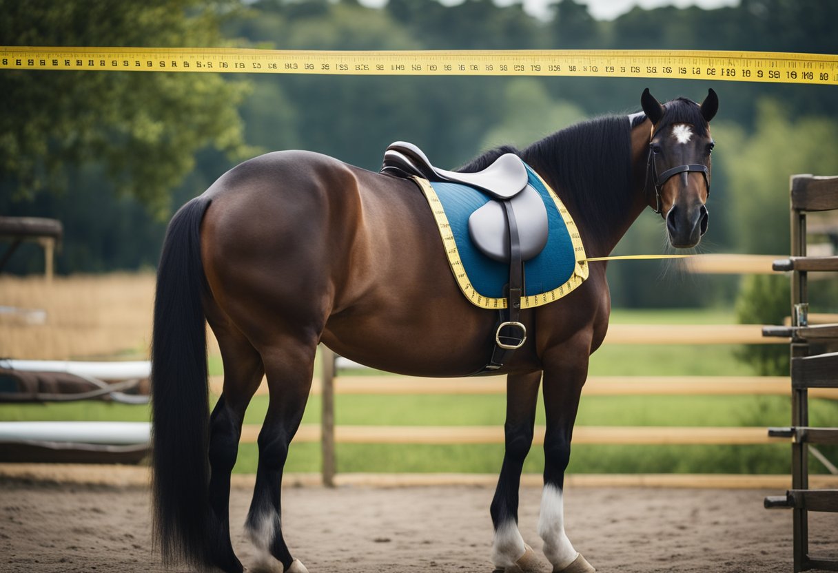 A horse being measured for saddle fitting, with a tape measure around its girth and a level placed on its back