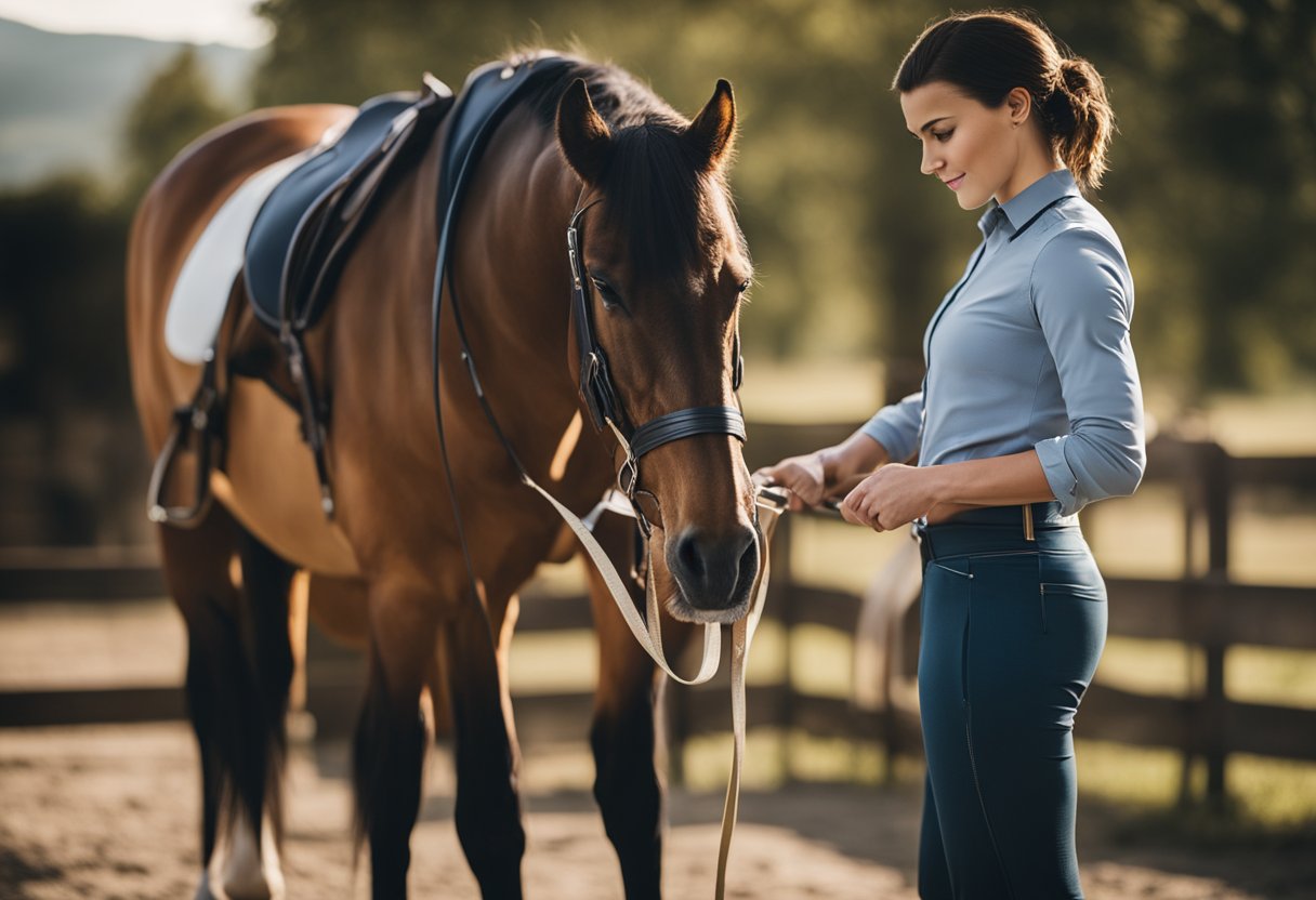 A horse standing still with a saddle on its back, while a person uses a measuring tape to measure the horse's back and girth for a perfect saddle fit