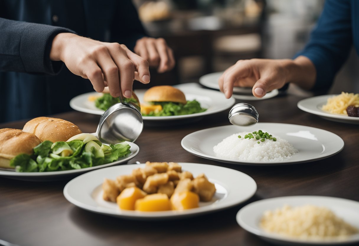 A person adjusts a salt shaker over a plate of food, while another person gestures to use caution