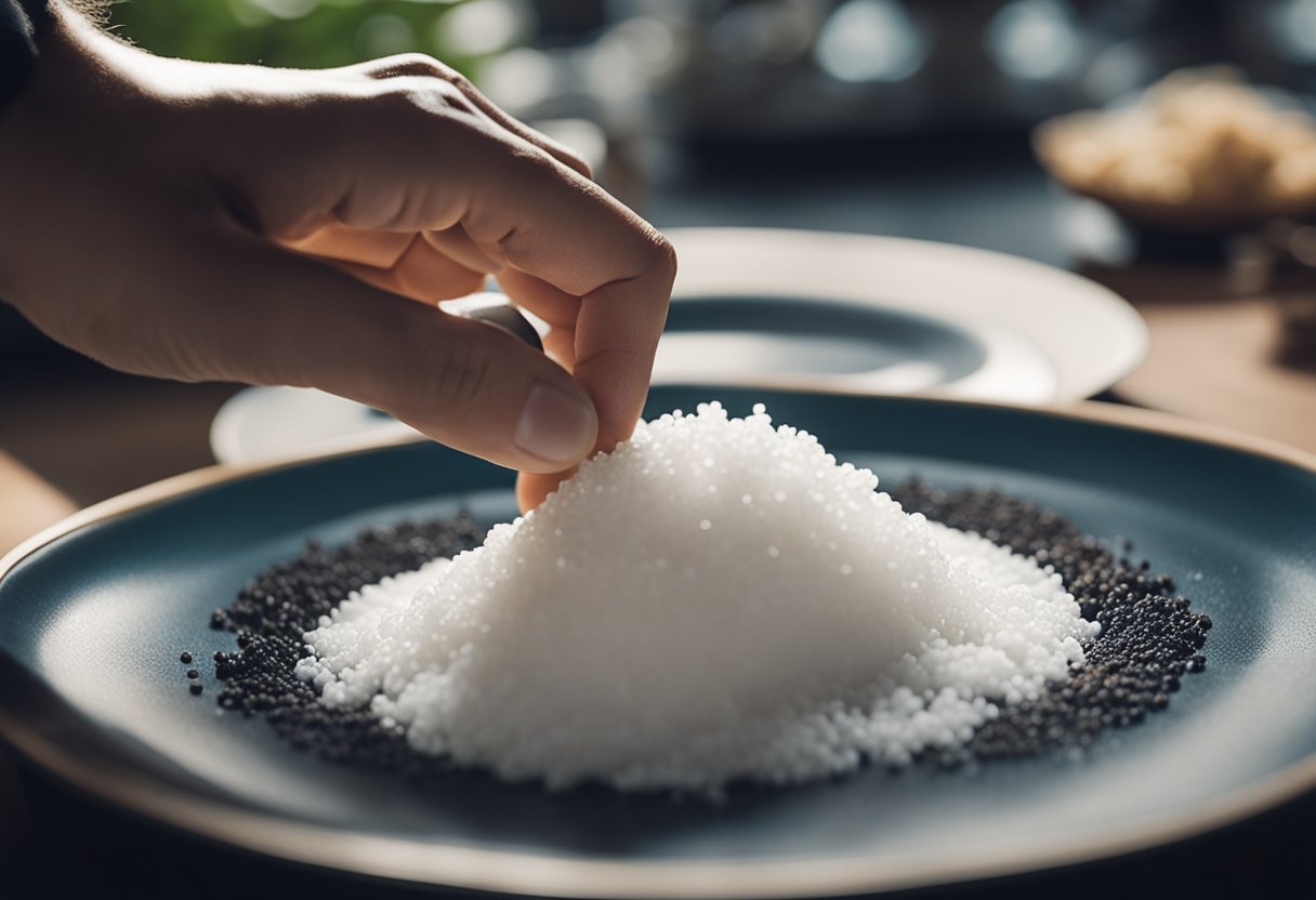 A person adjusting salt levels in a dish, avoiding common mistakes