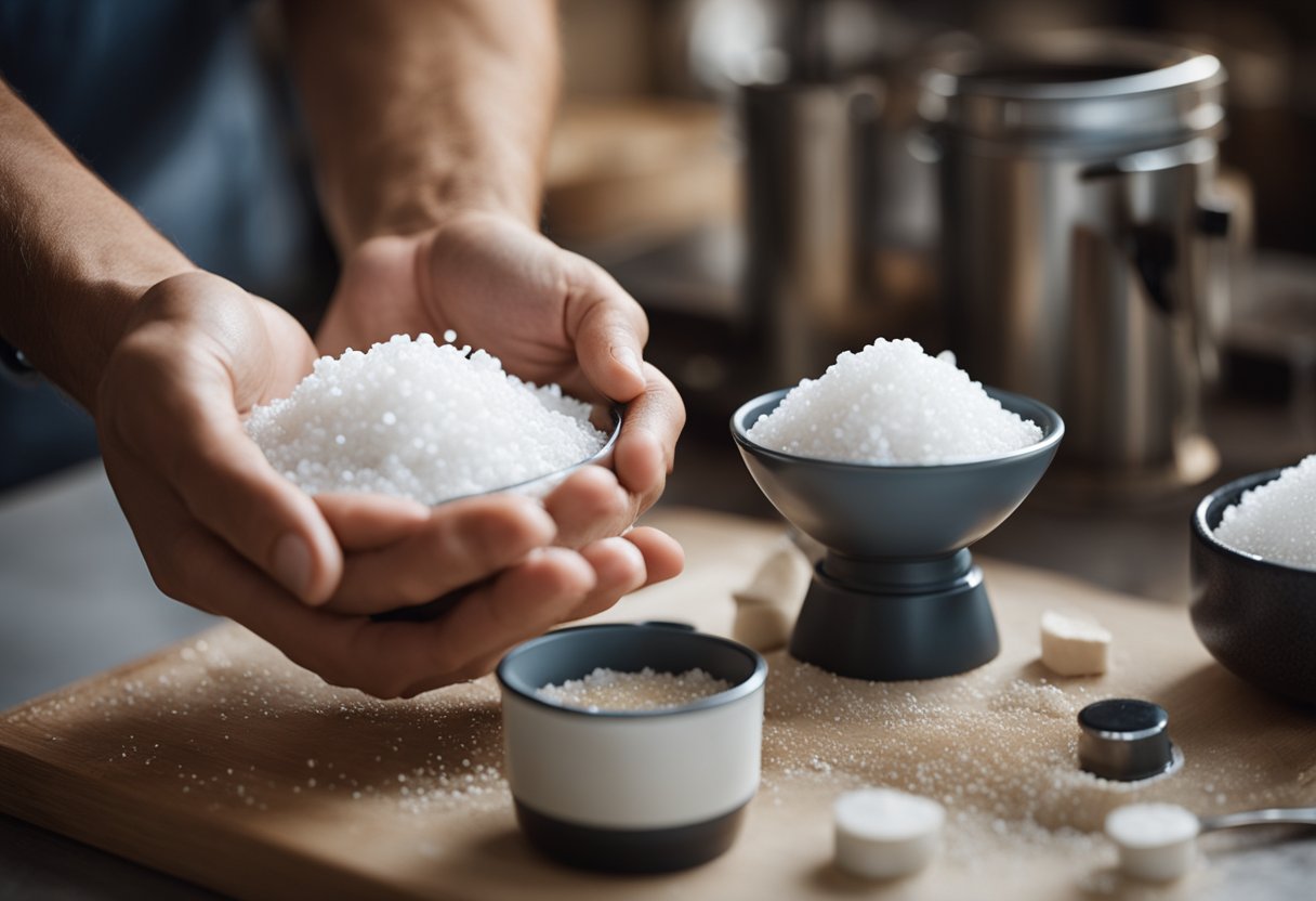 A professional assisting with proper salt adjustment, avoiding common mistakes. No human subjects or body parts included