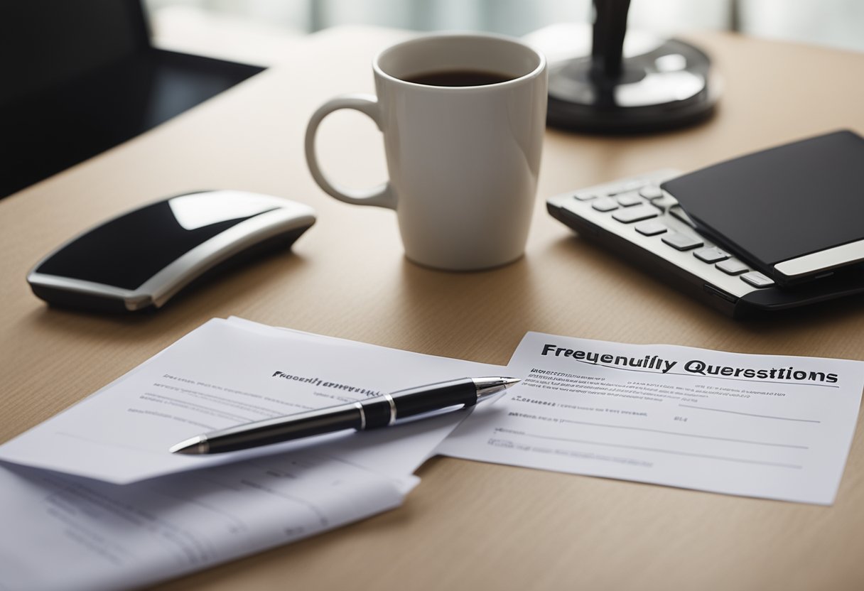 A table with a laptop, a stack of papers, and a pen. A sign reads "Frequently Asked Questions" in bold letters