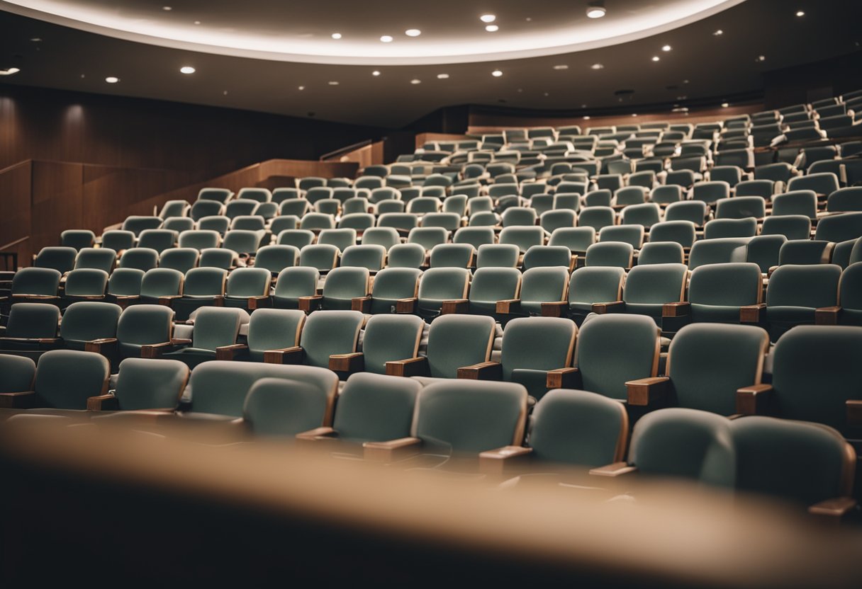 A too-small auditorium: cramped seats, people shifting uncomfortably, and strained expressions