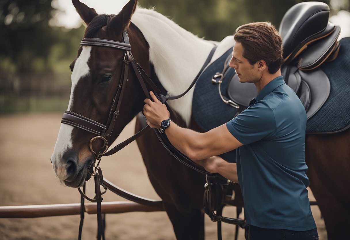 A professional saddle fitter adjusts a saddle on a horse, ensuring proper fit and comfort