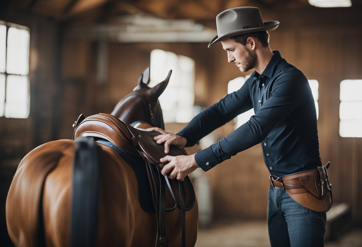 A professional saddle fitter measures and adjusts a saddle on a horse's back, ensuring proper fit and comfort for the animal