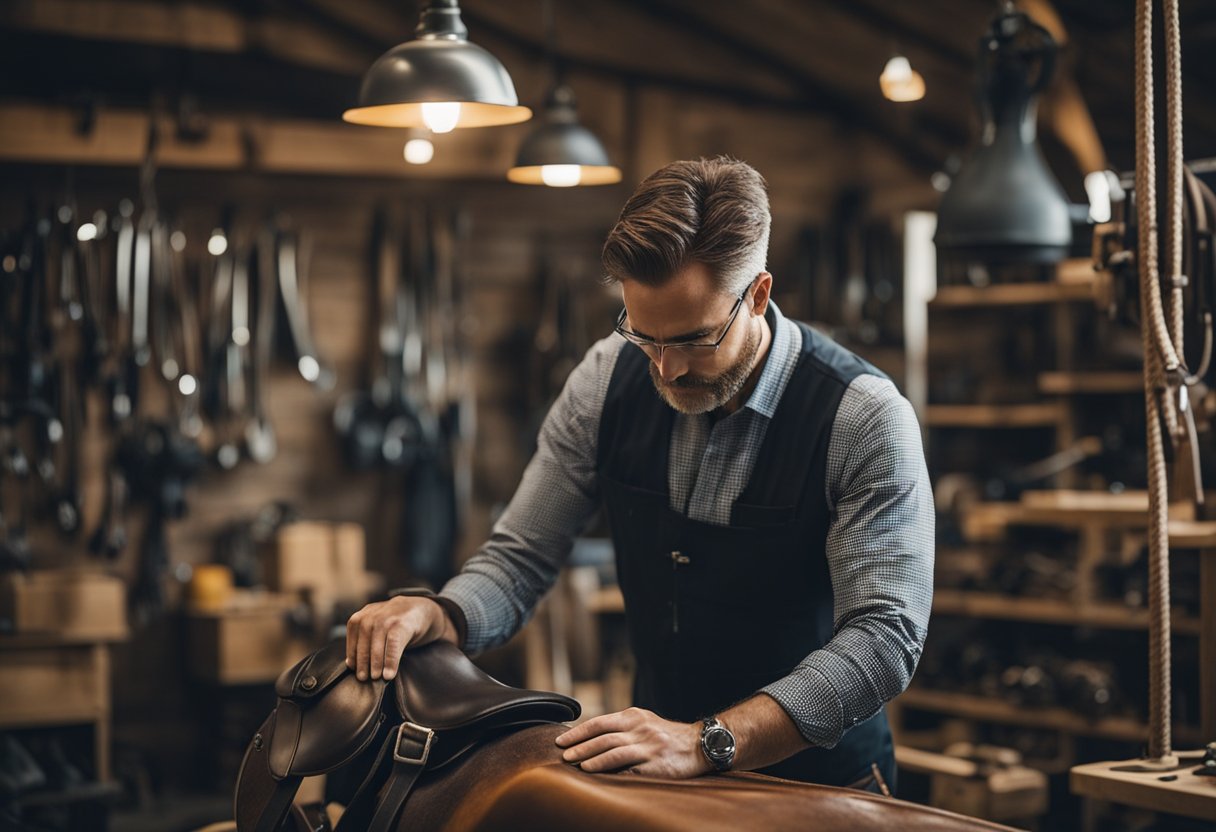 A professional saddle fitter carefully inspecting and adjusting a saddle in a well-lit, organized workshop