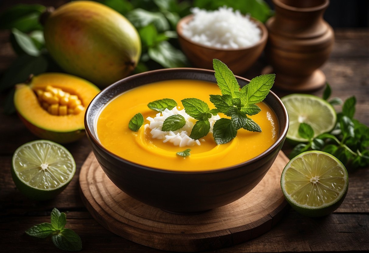 A bowl of vibrant yellow mango, coconut and lime soup sits on a rustic wooden table, garnished with fresh mint leaves and a drizzle of coconut cream
