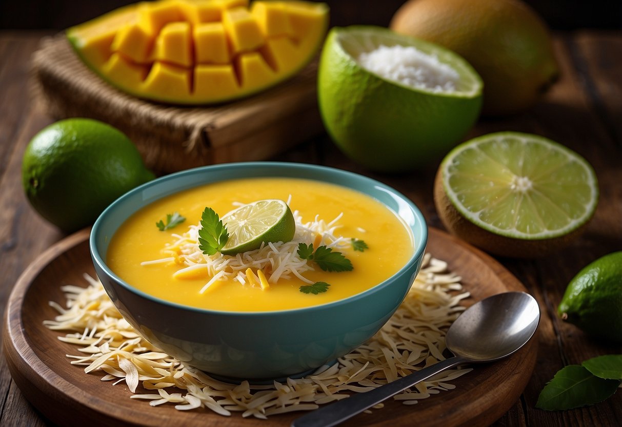 A bowl of creamy mango, coconut, and lime soup sits on a wooden table, surrounded by fresh mango slices, shredded coconut, and lime wedges