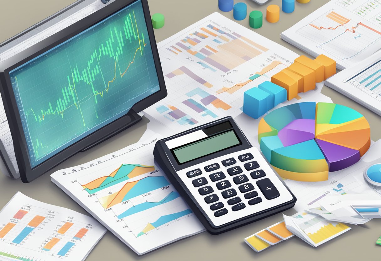 A calculator with numbers and formulas displayed on a screen, surrounded by financial documents and charts