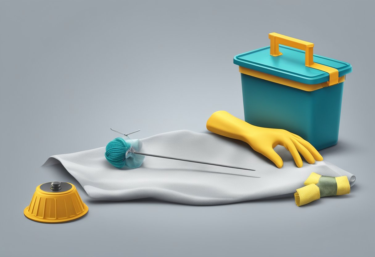 A sewing needle hovers over a clean surface, surrounded by a barrier of protective gloves and a biohazard disposal container nearby