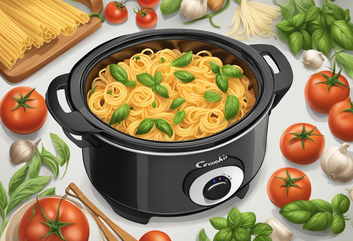 A crockpot filled with pasta, surrounded by fresh ingredients like tomatoes, garlic, and basil. Steam rises from the pot, creating a cozy and inviting atmosphere