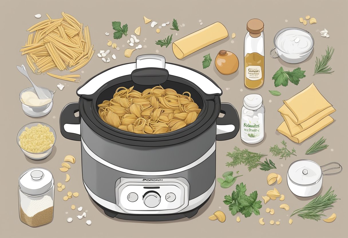 Pasta ingredients being added to a crockpot, with herbs and spices sprinkled on top