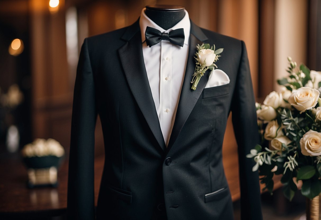 A vintage tuxedo displayed with 33 essential items for a stylish wedding