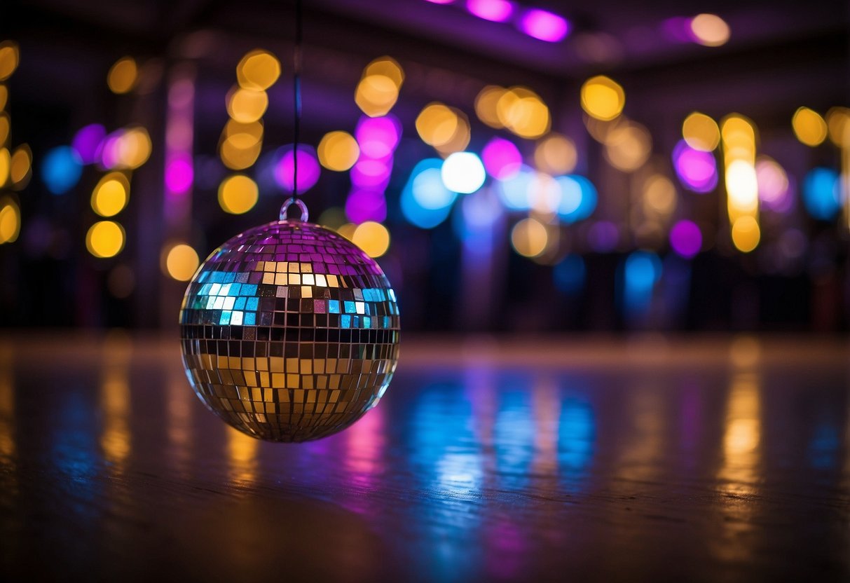 A sparkling disco ball hangs above a dance floor, reflecting colorful lights and casting a groovy atmosphere for a wedding celebration