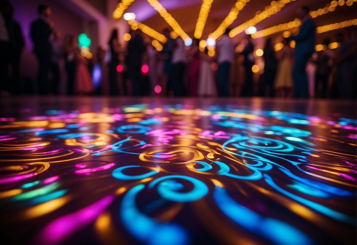 A colorful, pulsating dance floor with vibrant lights and swirling patterns, creating an energetic and lively atmosphere for a groovy wedding celebration