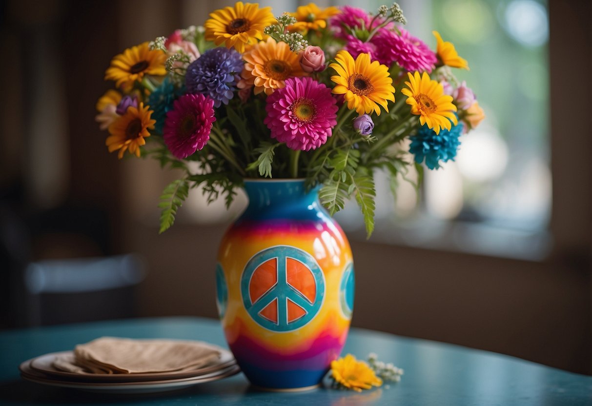 A colorful bouquet of vibrant flowers arranged in a retro-inspired vase, with peace sign accents and tie-dye ribbons