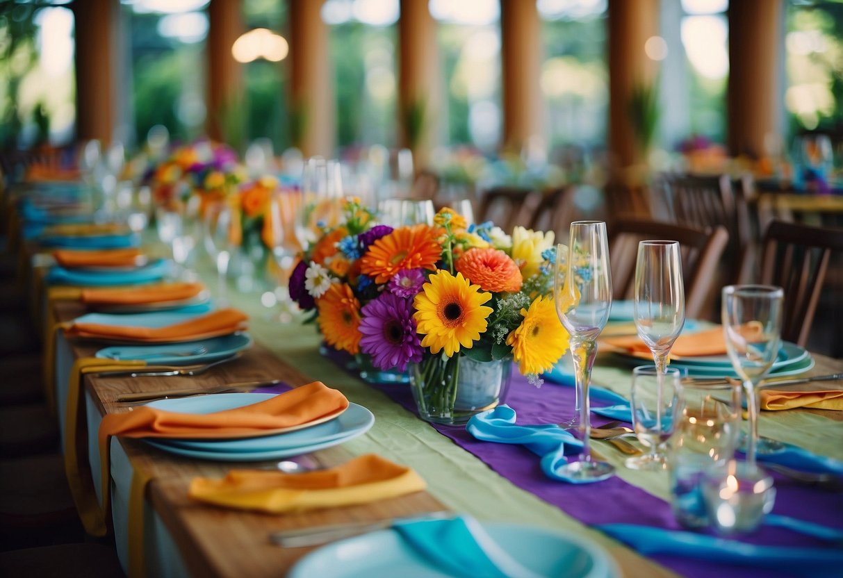 A table adorned with colorful peace sign centerpieces, adding a groovy touch to the wedding reception