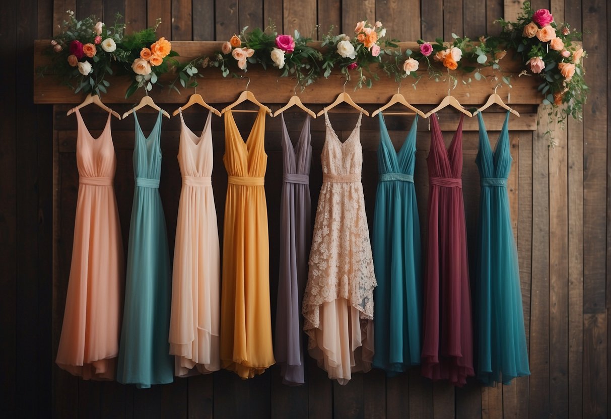 A group of colorful bohemian bridesmaid dresses hanging on a rustic wooden rack, surrounded by flowers and vintage decor