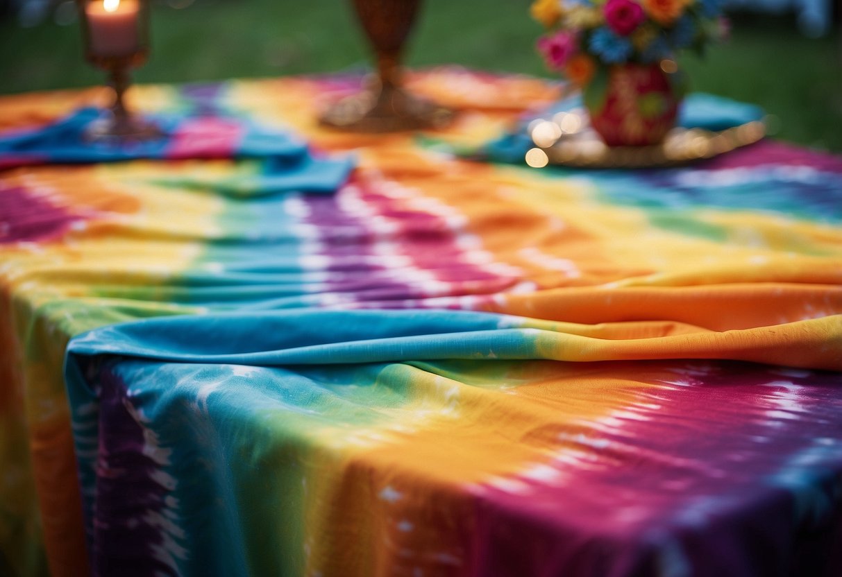 A colorful array of tie-dye tablecloths spread across a wedding reception, creating a groovy and vibrant atmosphere