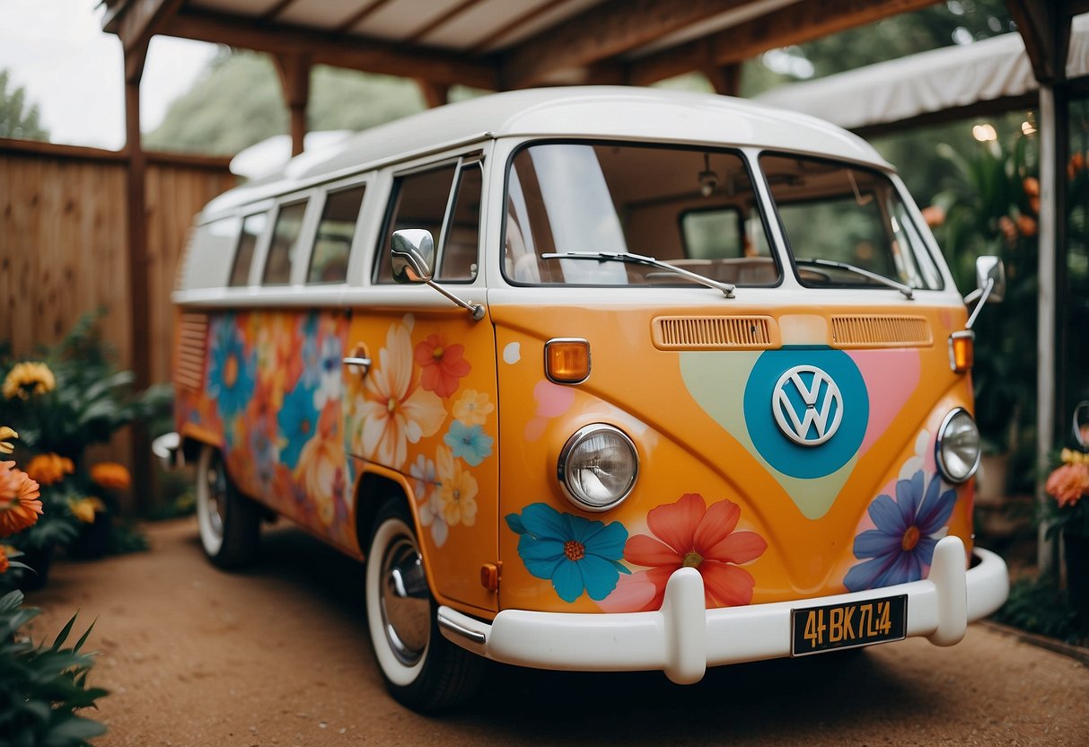 A colorful VW bus converted into a photo booth, adorned with flowers and retro decor, parked at a groovy wedding venue