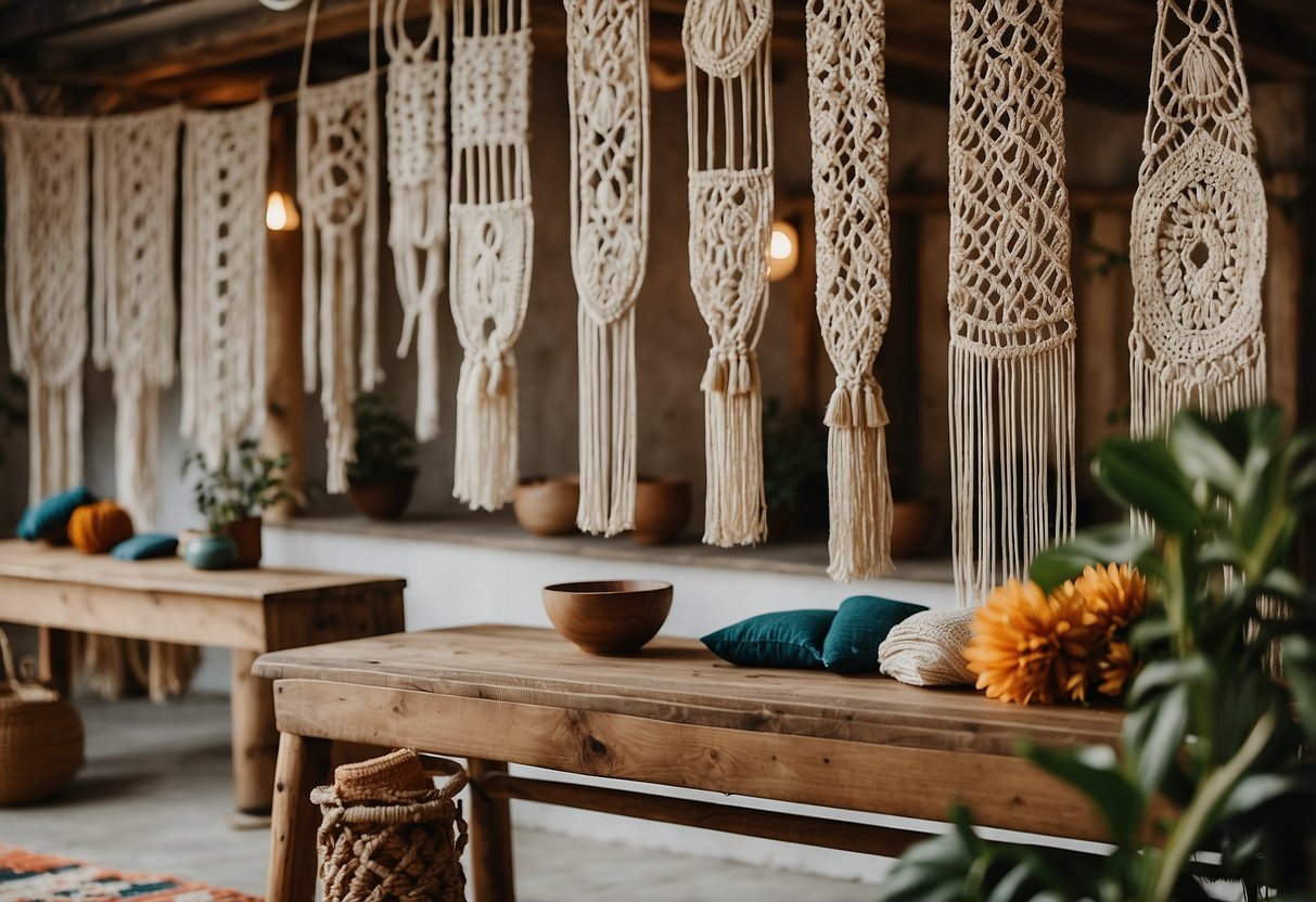 A colorful array of macrame decor, including plant hangers, wall hangings, and table runners, set against a bohemian backdrop of dreamcatchers and woven tapestries