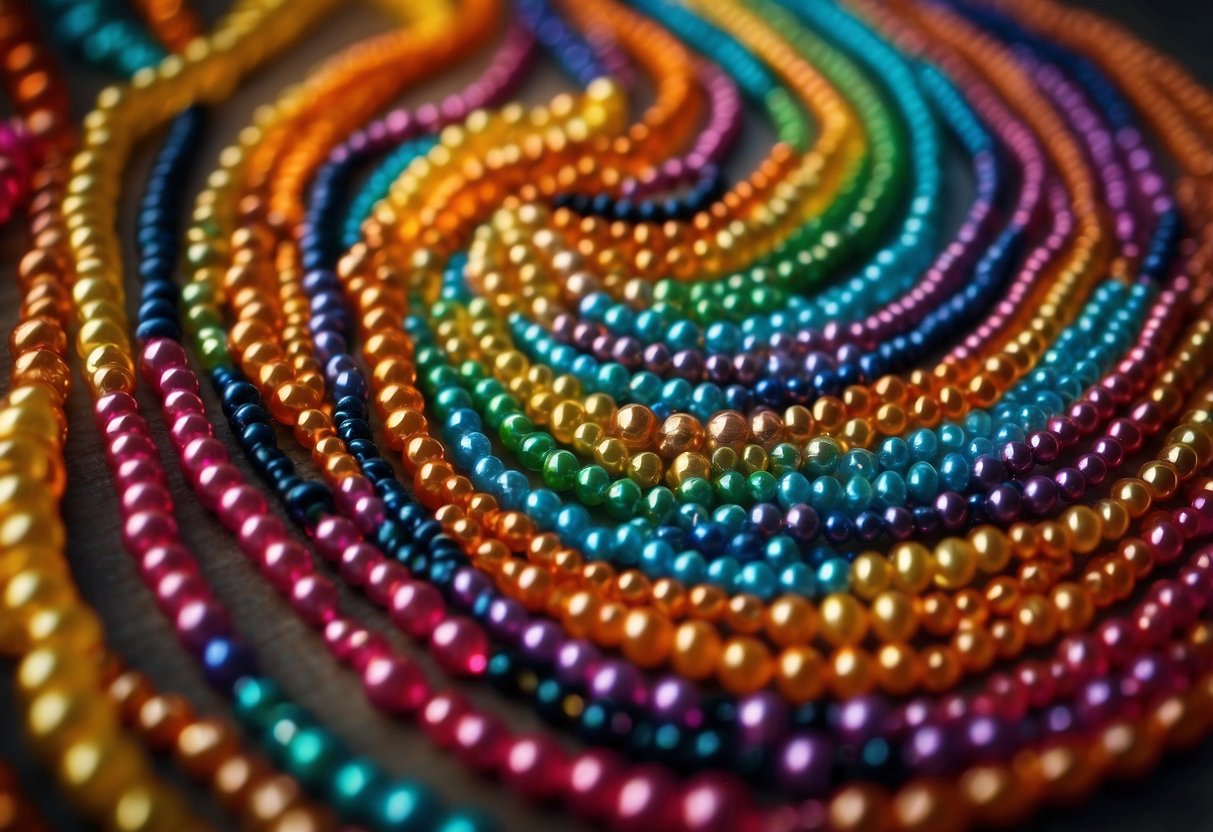 A colorful display of 33 love bead necklaces, arranged in a visually appealing manner for a groovy wedding