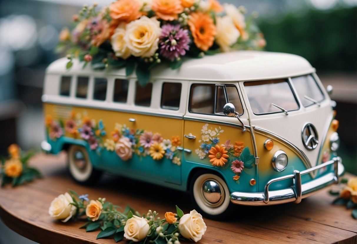 A colorful vintage van adorned with flowers and peace signs, perched on top of a wedding cake