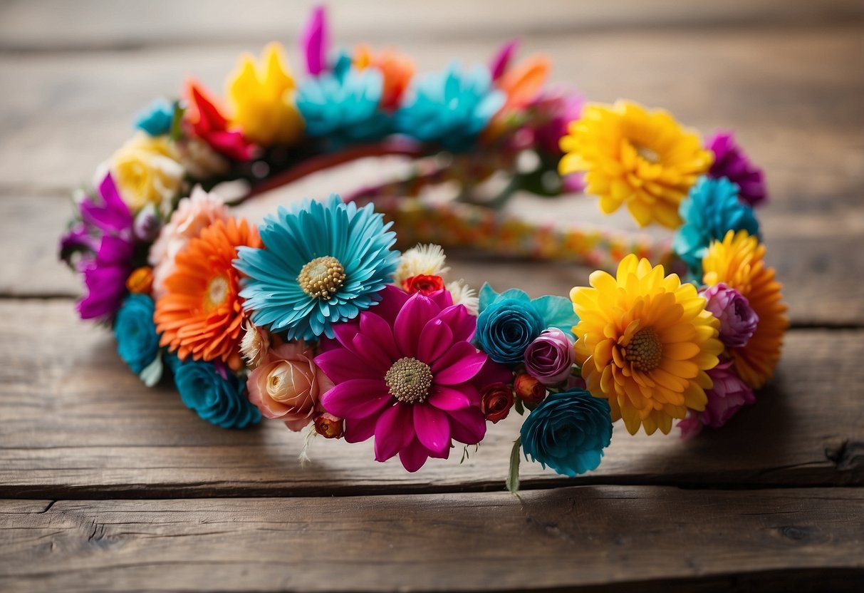 A colorful display of festival-style headbands arranged on a rustic wooden table, with vibrant flowers and feathers adorning each unique piece