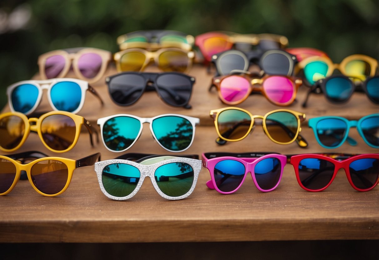 A table filled with vibrant colored sunglasses in various styles and shapes, arranged neatly as wedding favors