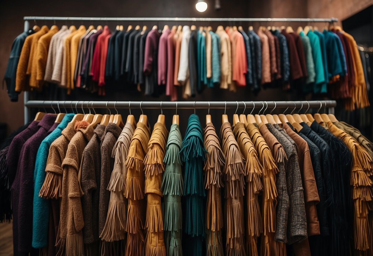 A colorful array of fringe jackets displayed on a rack, with various textures and lengths, creating a vibrant and bohemian atmosphere