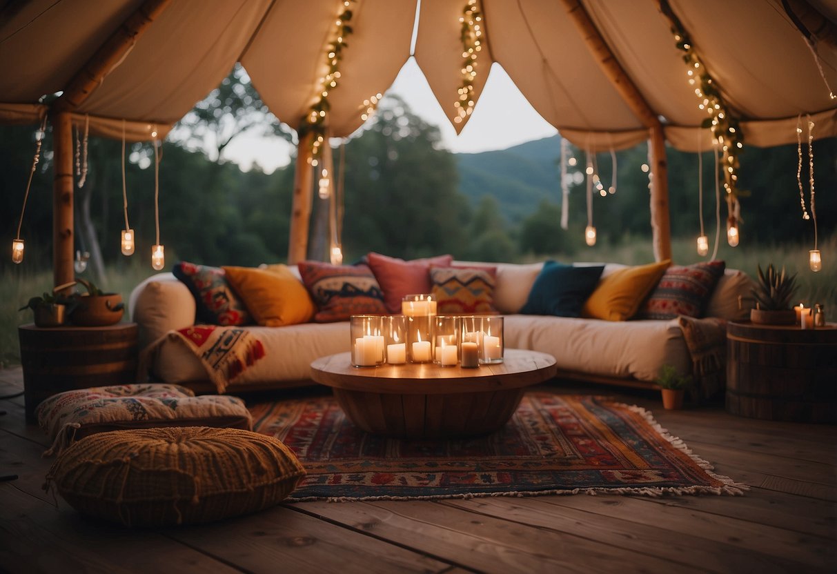 A cozy bohemian tipi lounge with colorful rugs, floor cushions, and dreamcatchers hanging from the ceiling. A low table adorned with candles and flowers creates a relaxed and inviting atmosphere