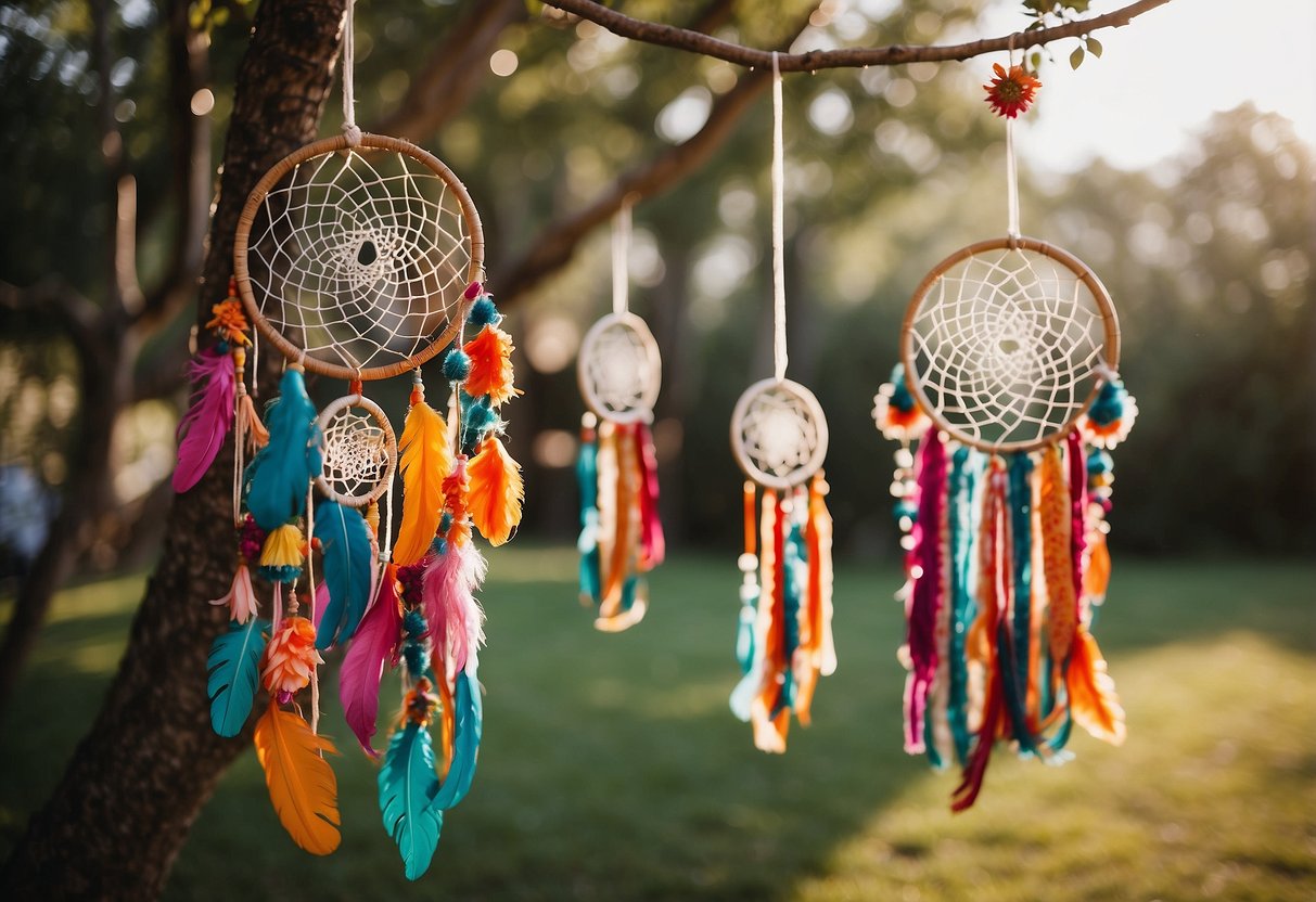 A colorful outdoor wedding with dreamcatchers hanging from trees, creating a whimsical and bohemian atmosphere. Bright flowers and vibrant fabrics add to the groovy vibe