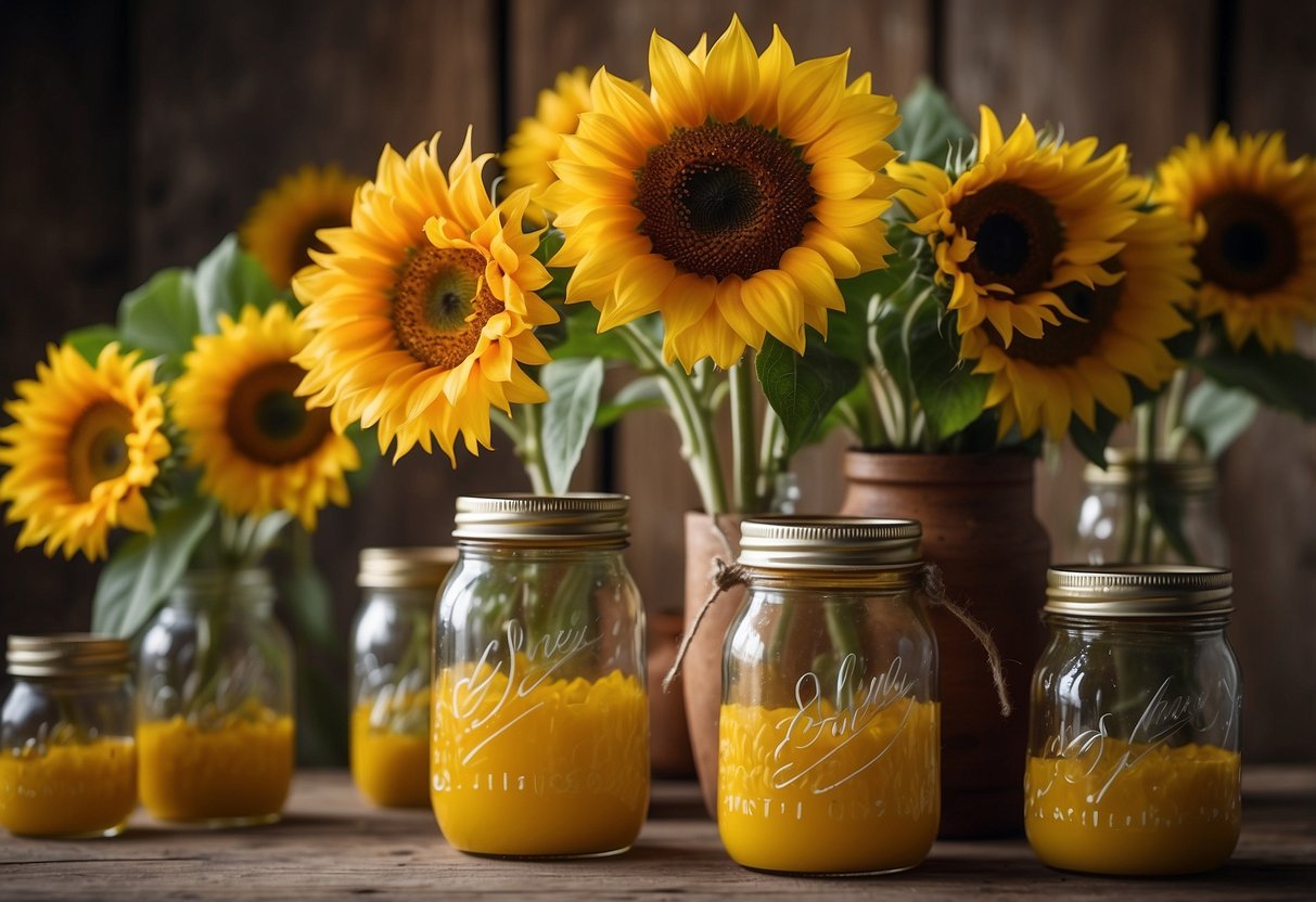 A vibrant display of sunflowers in various sizes and shades, arranged in rustic vases and mason jars, creating a cheerful and groovy atmosphere